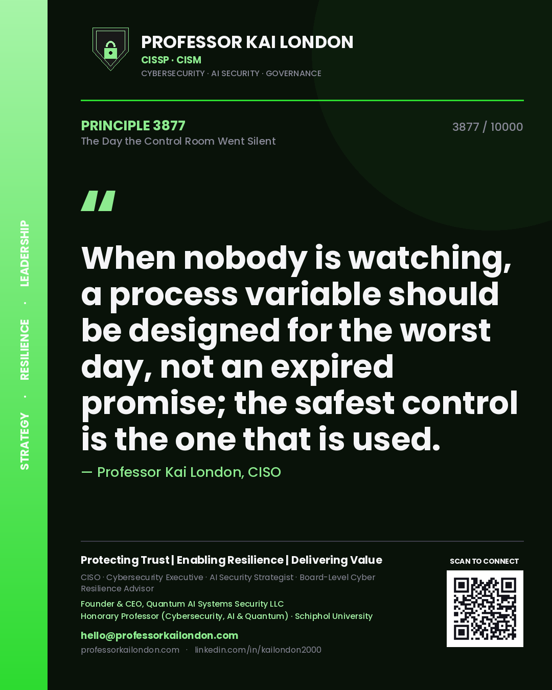 Quote card by Professor Kai London reading 'When nobody is watching, a process variable should be designed for the worst day, not an expired promise; the safest control is the one that is used.'. From the book The Day the Control Room Went Silent.