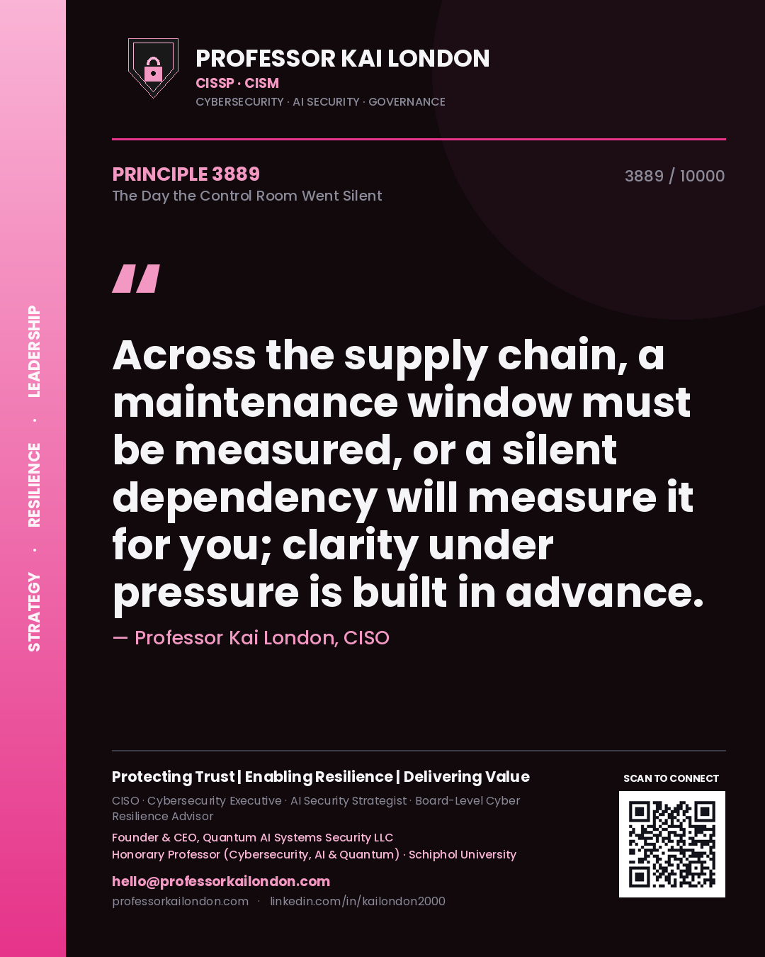 Quote card by Professor Kai London reading 'Across the supply chain, a maintenance window must be measured, or a silent dependency will measure it for you; clarity under pressure is built in advance.'. From the book The Day the Control Room Went Silent.