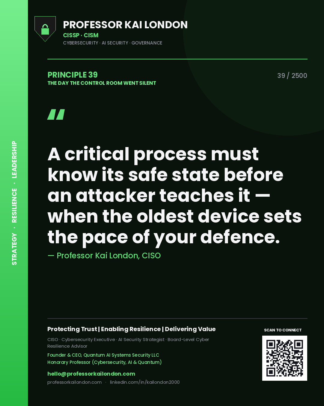 Professor Kai London principle 39: A critical process must know its safe state before an attacker teaches it — when the oldest device sets the pace of your defence.
