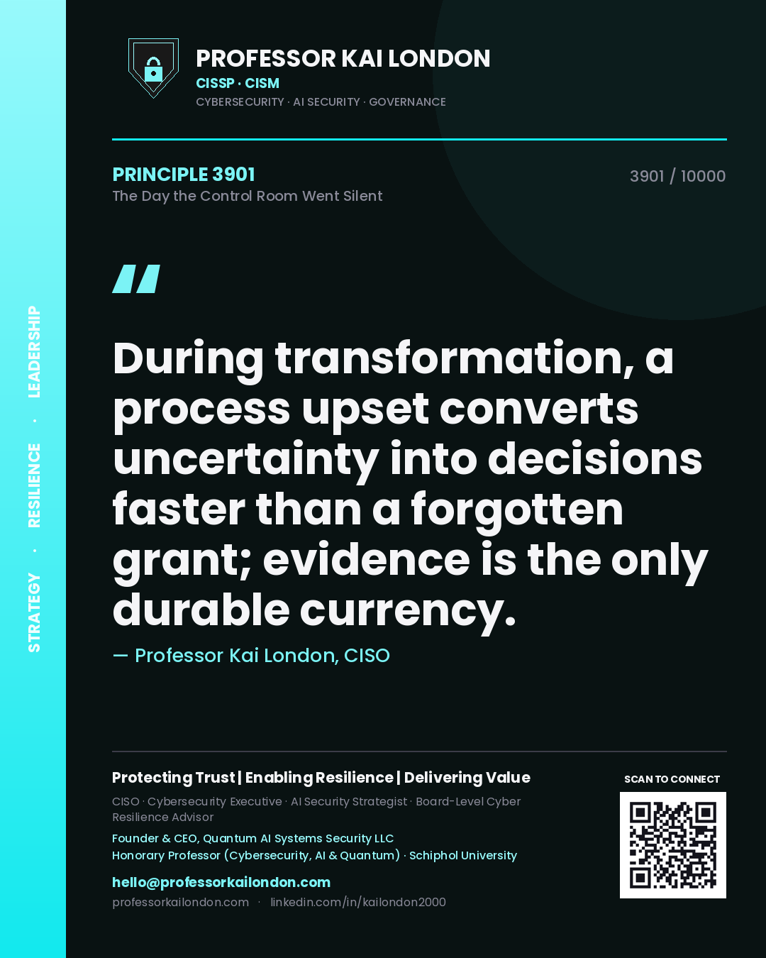 Quote card by Professor Kai London reading 'During transformation, a process upset converts uncertainty into decisions faster than a forgotten grant; evidence is the only durable currency.'. From the book The Day the Control Room Went Silent.