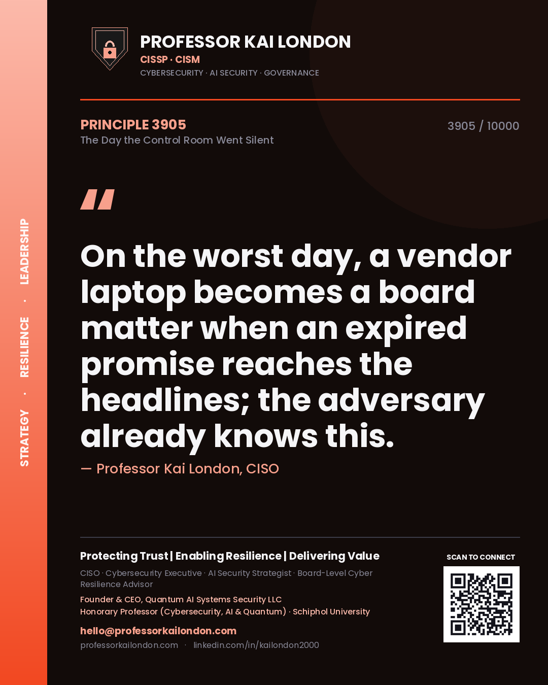 Quote card by Professor Kai London reading 'On the worst day, a vendor laptop becomes a board matter when an expired promise reaches the headlines; the adversary already knows this.'. From the book The Day the Control Room Went Silent.