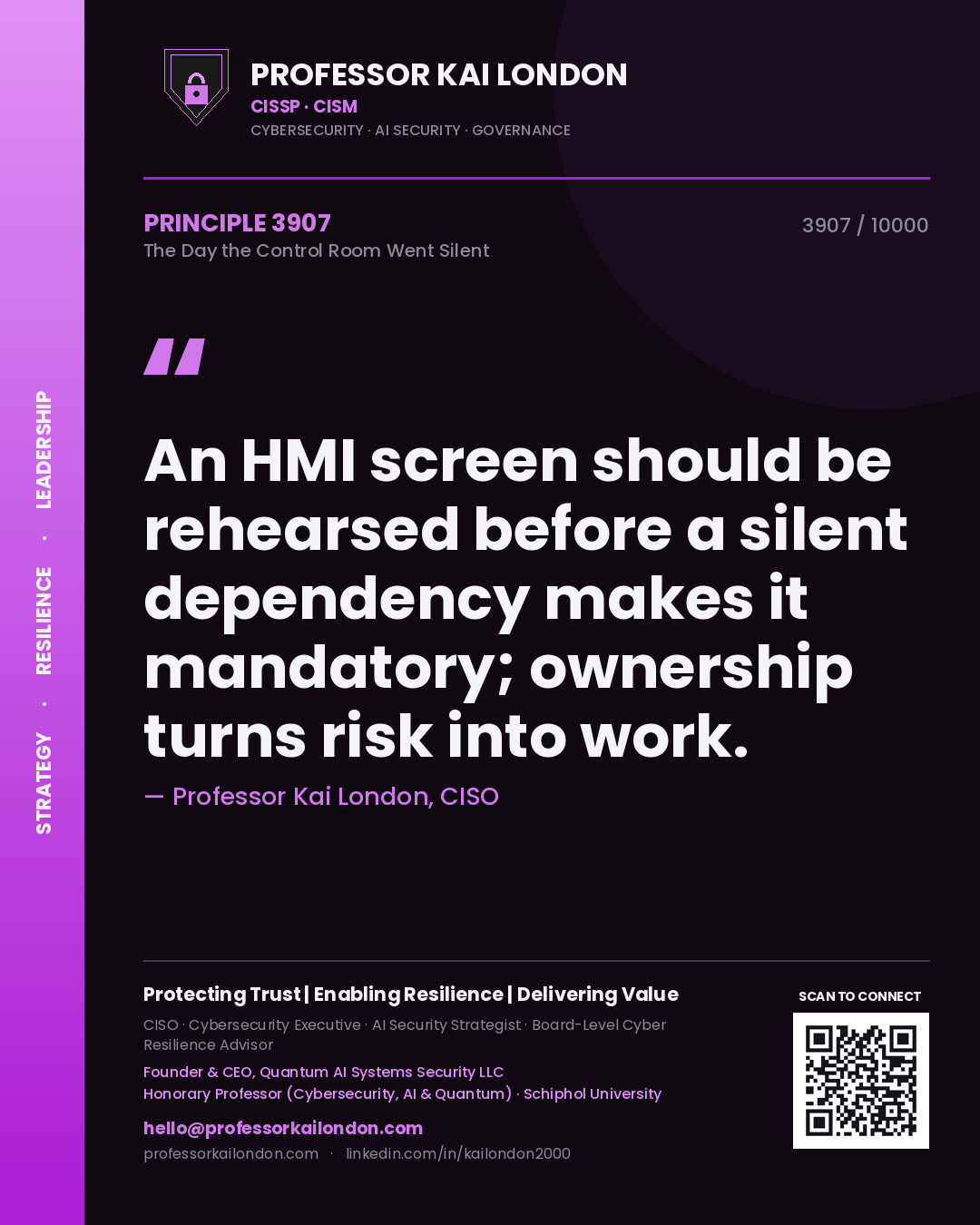 Quote card by Professor Kai London reading 'An HMI screen should be rehearsed before a silent dependency makes it mandatory; ownership turns risk into work.'. From the book The Day the Control Room Went Silent.