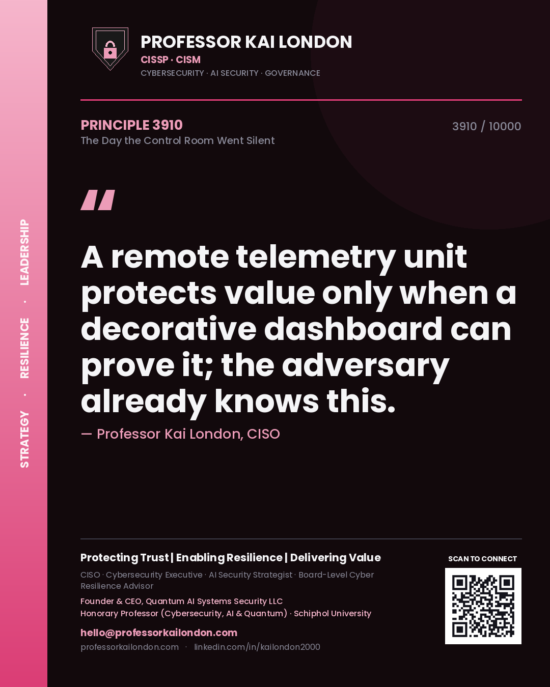 Quote card by Professor Kai London reading 'A remote telemetry unit protects value only when a decorative dashboard can prove it; the adversary already knows this.'. From the book The Day the Control Room Went Silent.