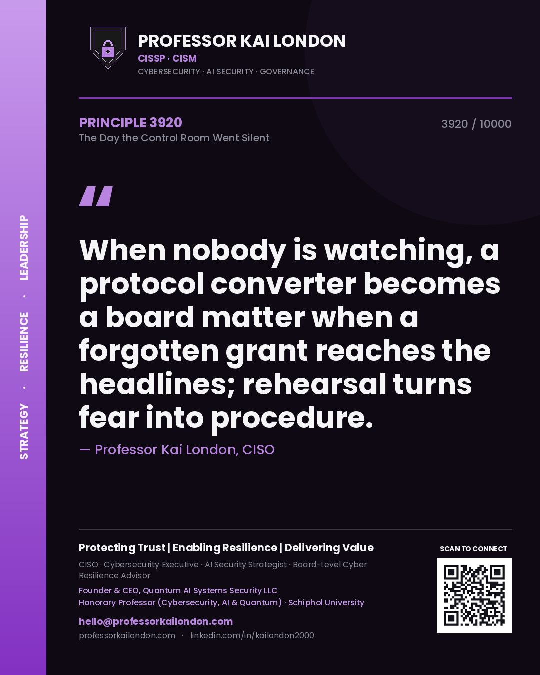 Quote card by Professor Kai London reading 'When nobody is watching, a protocol converter becomes a board matter when a forgotten grant reaches the headlines; rehearsal turns fear into procedure.'. From the book The Day the Control Room Went Silent.