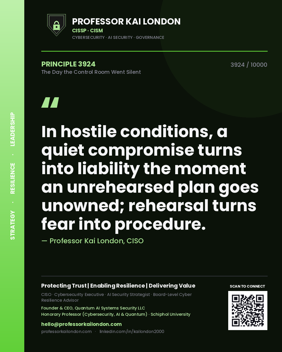 Professor Kai London principle 3924: In hostile conditions, a quiet compromise turns into liability the moment an unrehearsed plan goes unowned; rehearsal turns fear into procedure.