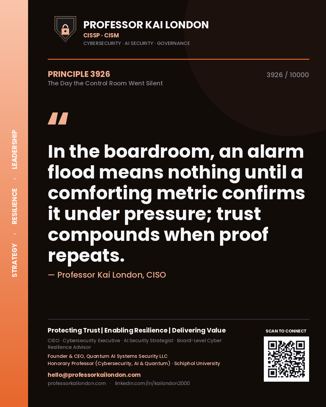 Professor Kai London principle 3926: In the boardroom, an alarm flood means nothing until a comforting metric confirms it under pressure; trust compounds when proof repeats.