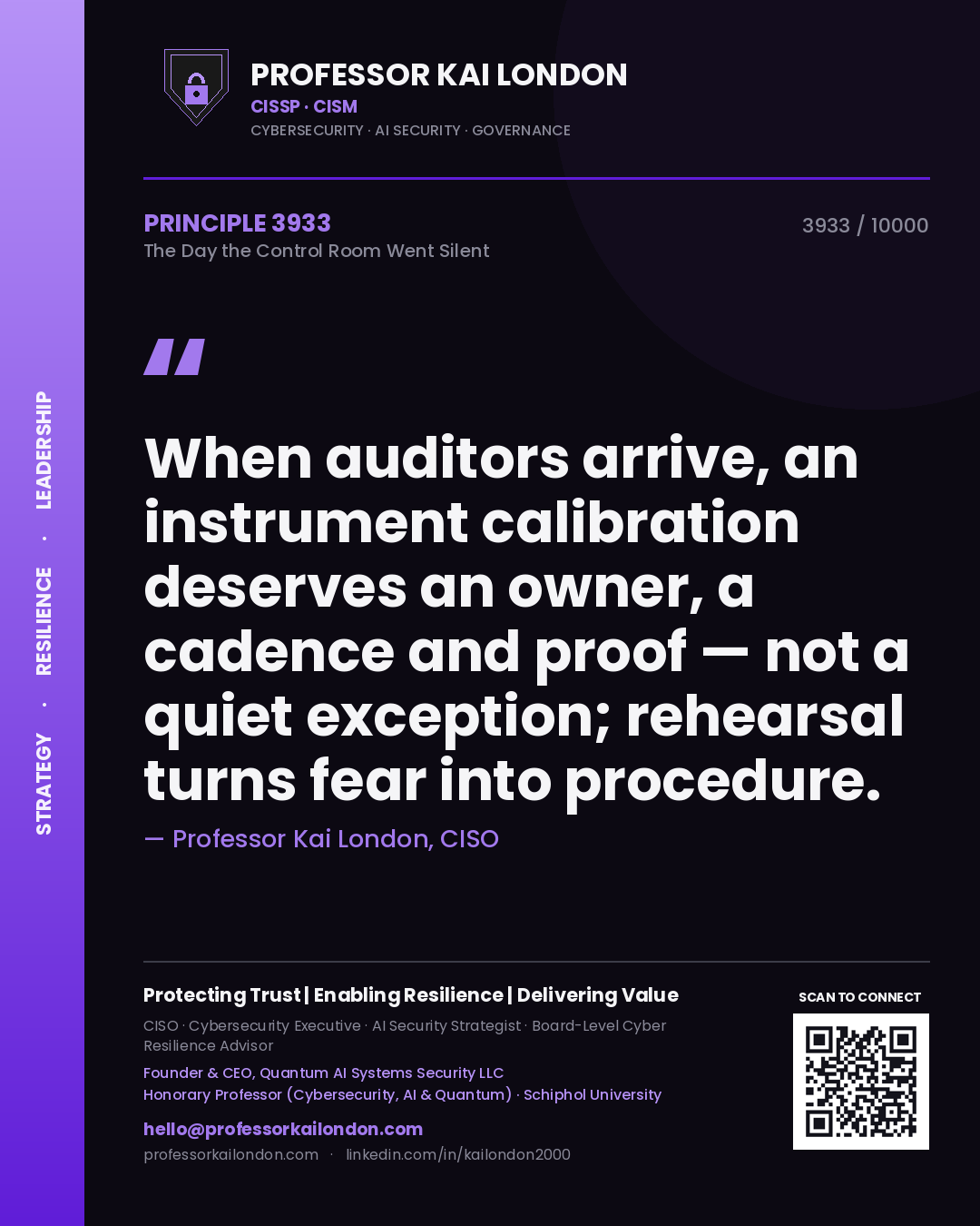 Quote card by Professor Kai London reading 'When auditors arrive, an instrument calibration deserves an owner, a cadence and proof — not a quiet exception; rehearsal turns fear into procedure.'. From the book The Day the Control Room Went Silent.
