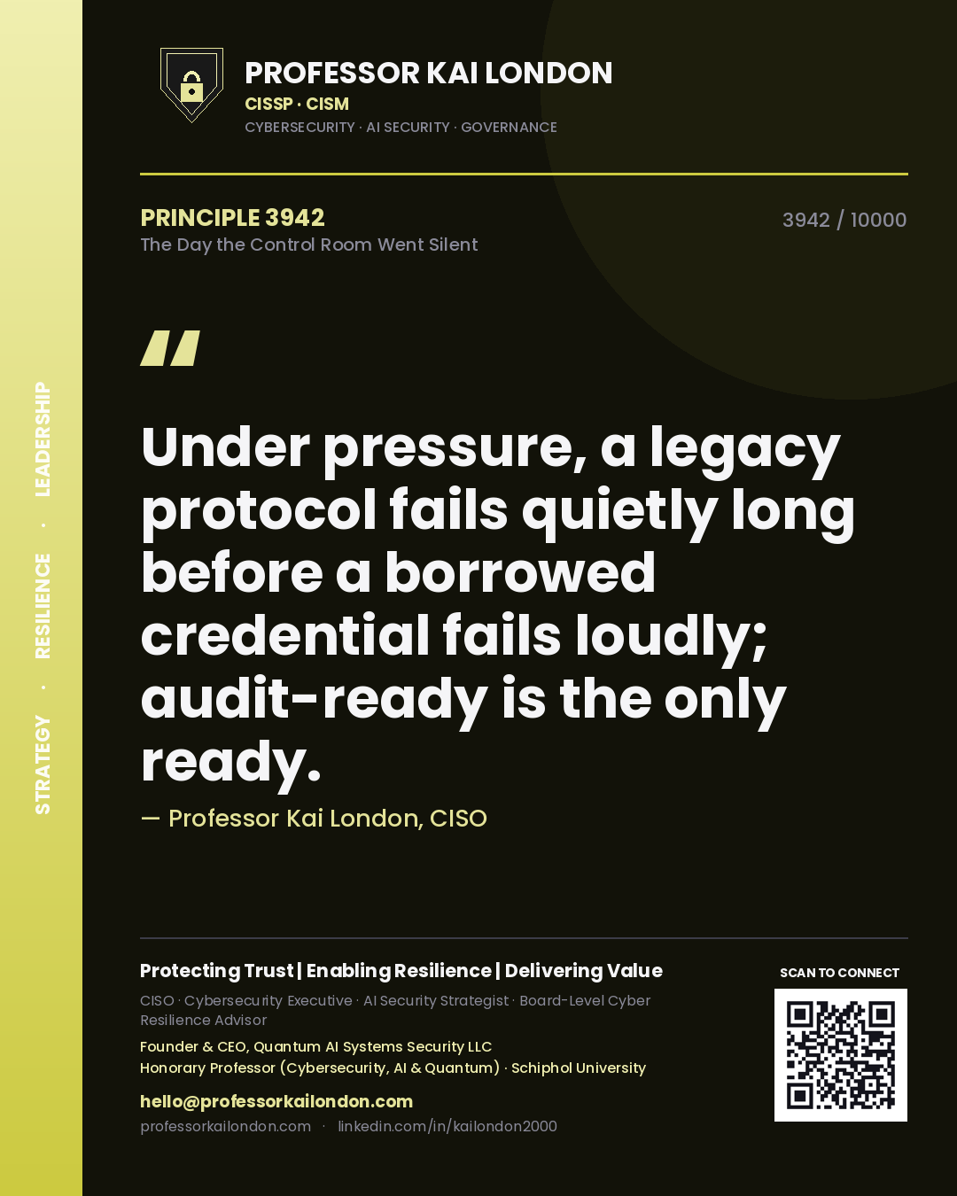 Professor Kai London principle 3942: Under pressure, a legacy protocol fails quietly long before a borrowed credential fails loudly; audit-ready is the only ready.