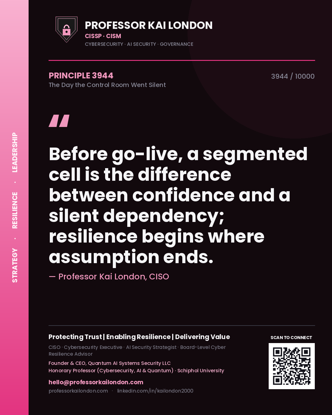 Quote card by Professor Kai London reading 'Before go-live, a segmented cell is the difference between confidence and a silent dependency; resilience begins where assumption ends.'. From the book The Day the Control Room Went Silent.