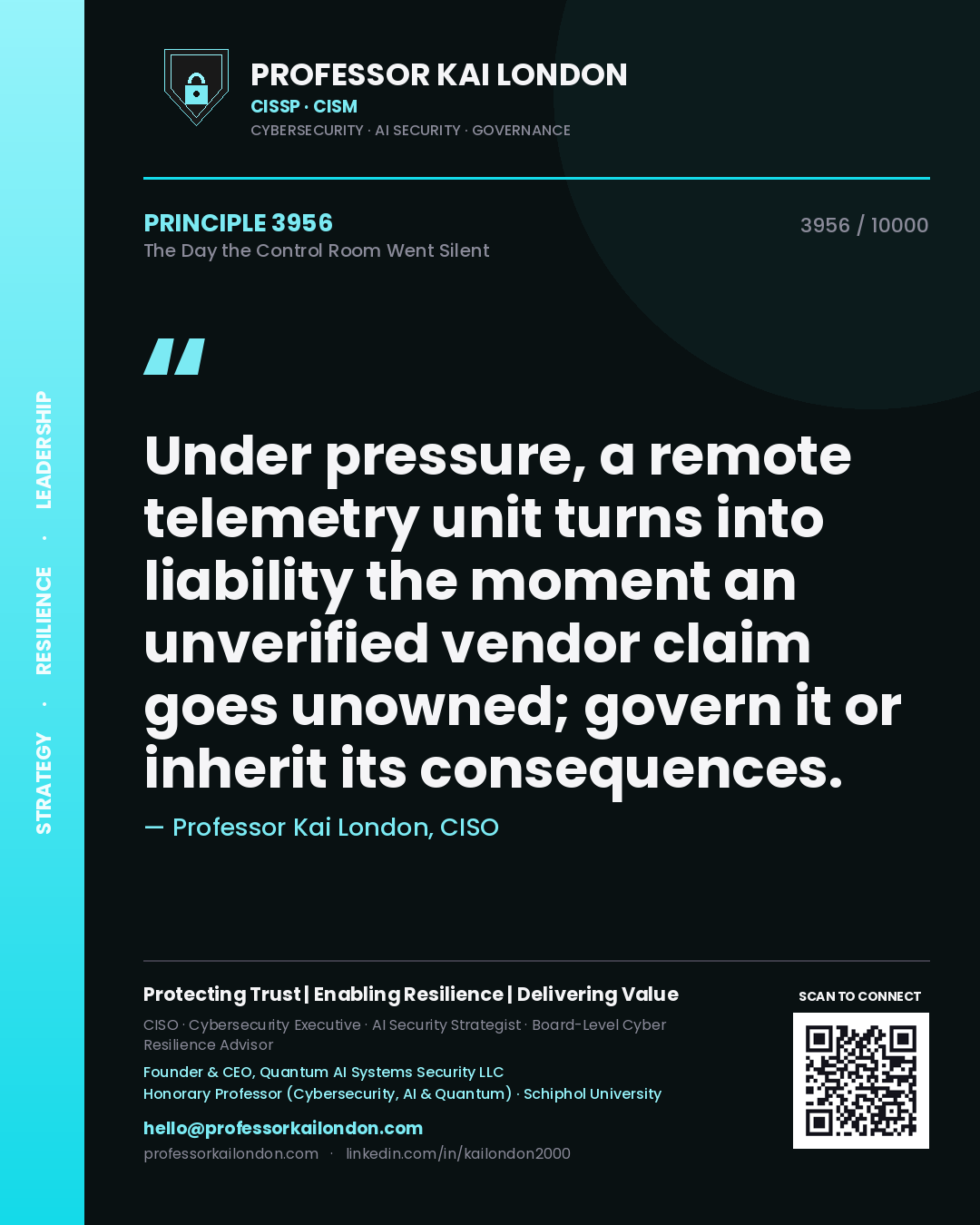 Quote card by Professor Kai London reading 'Under pressure, a remote telemetry unit turns into liability the moment an unverified vendor claim goes unowned; govern it or inherit its consequences.'. From the book The Day the Control Room Went Silent.