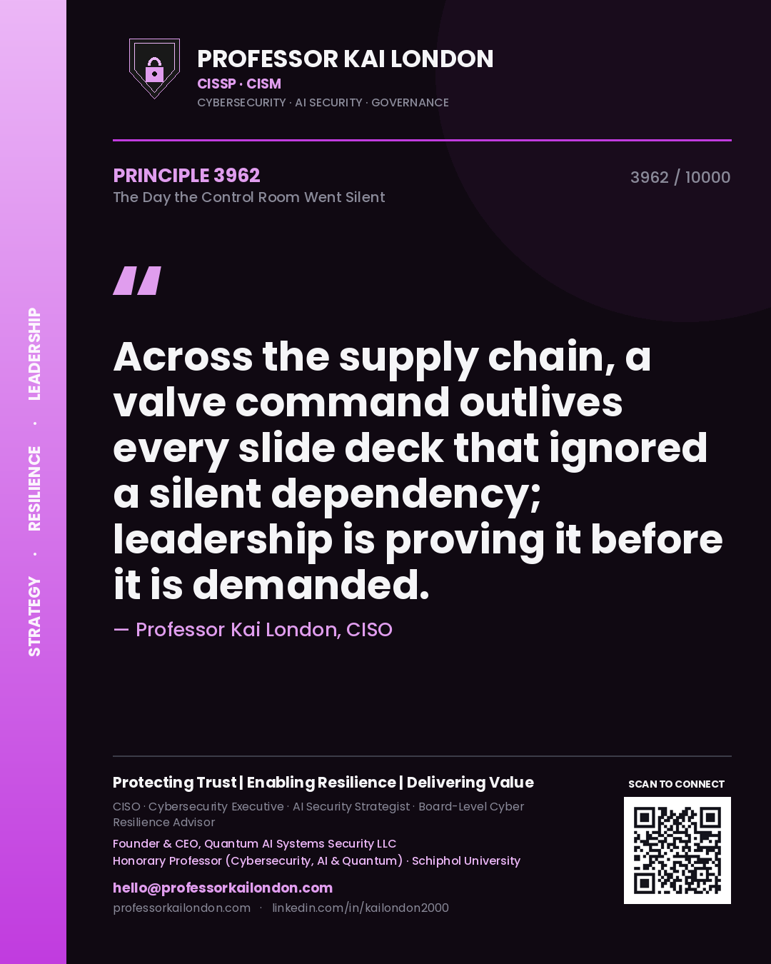 Professor Kai London principle 3962: Across the supply chain, a valve command outlives every slide deck that ignored a silent dependency; leadership is proving it before it is demanded.