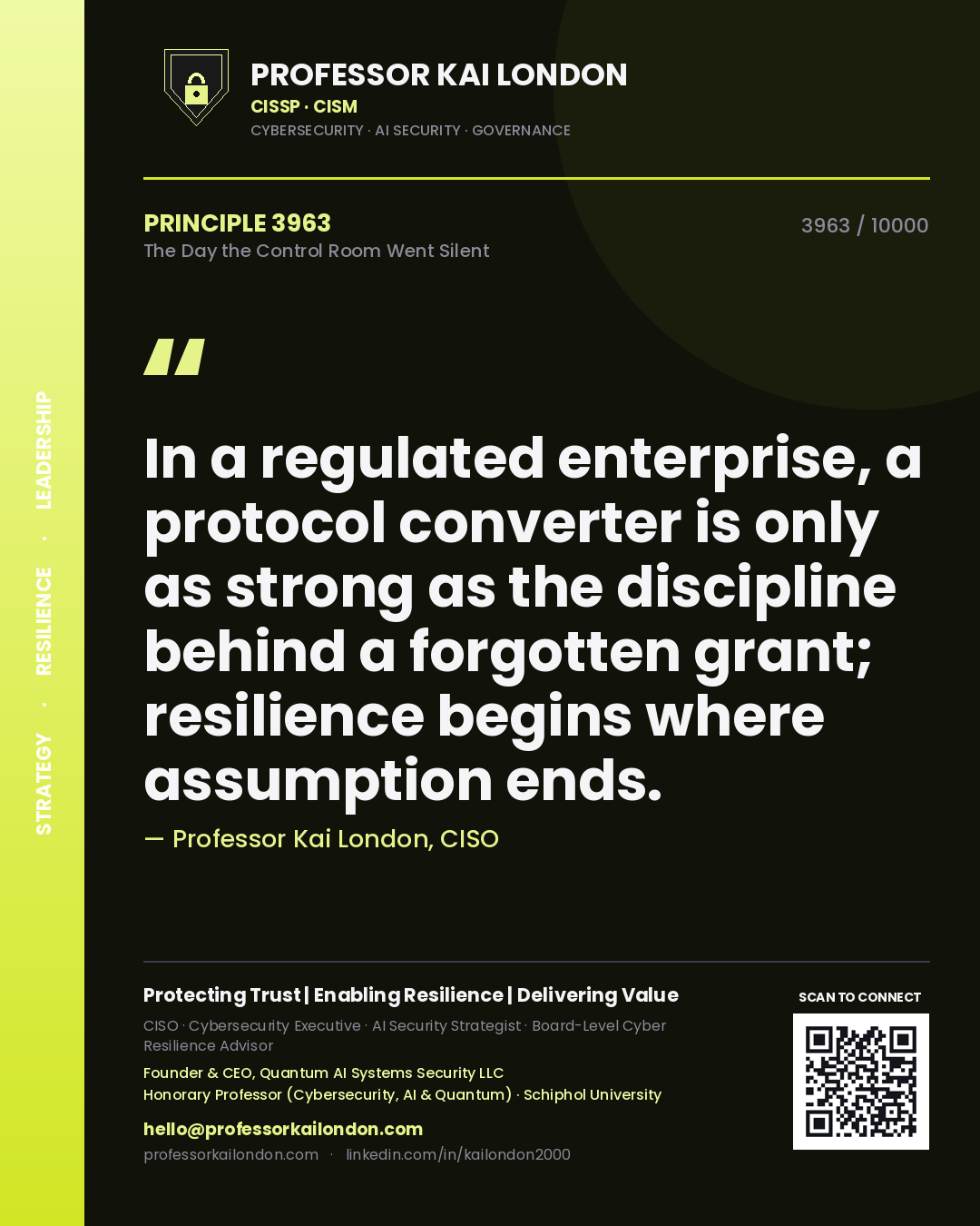 Professor Kai London principle 3963: In a regulated enterprise, a protocol converter is only as strong as the discipline behind a forgotten grant; resilience begins where assumption ends.