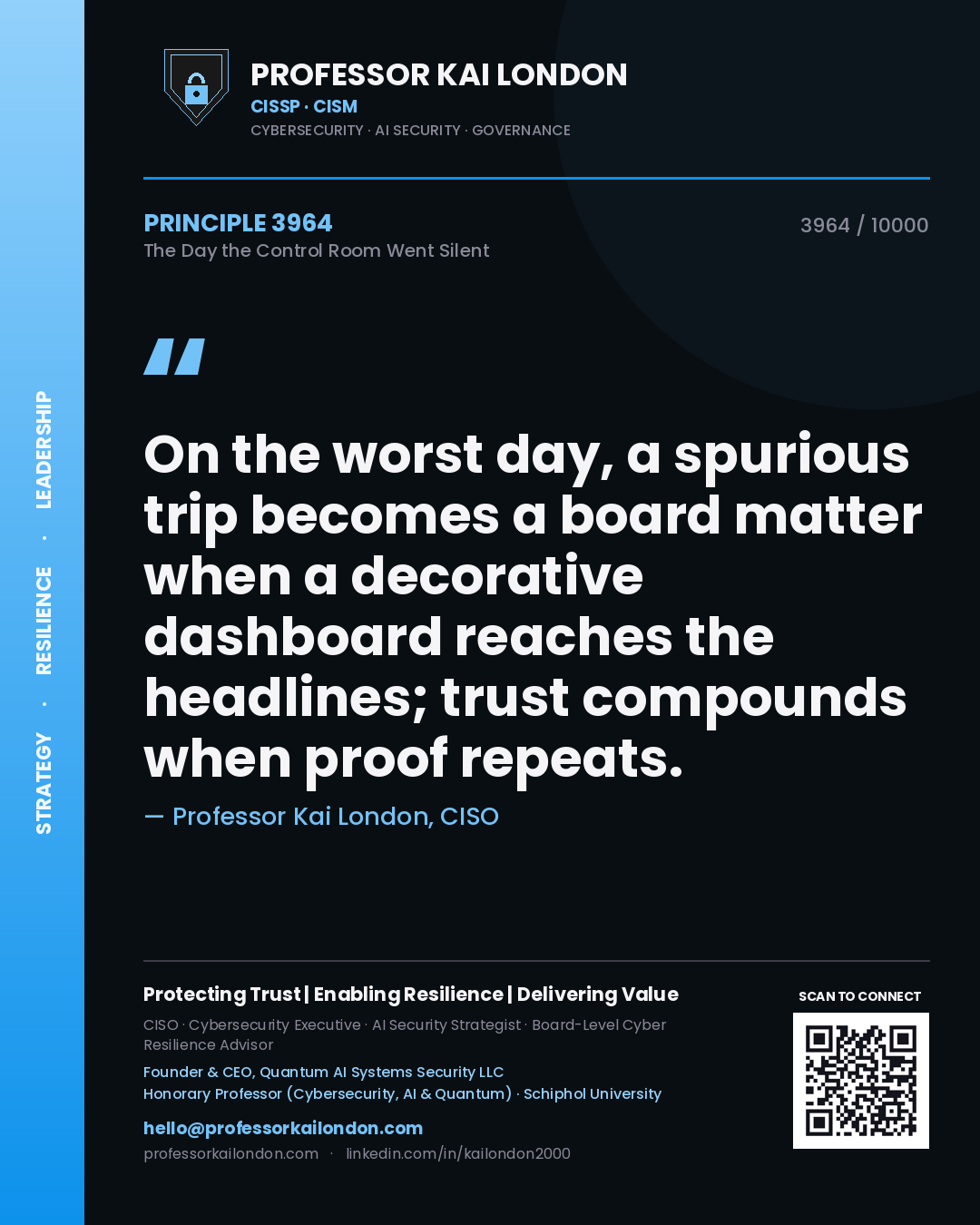 Quote card by Professor Kai London reading 'On the worst day, a spurious trip becomes a board matter when a decorative dashboard reaches the headlines; trust compounds when proof repeats.'. From the book The Day the Control Room Went Silent.