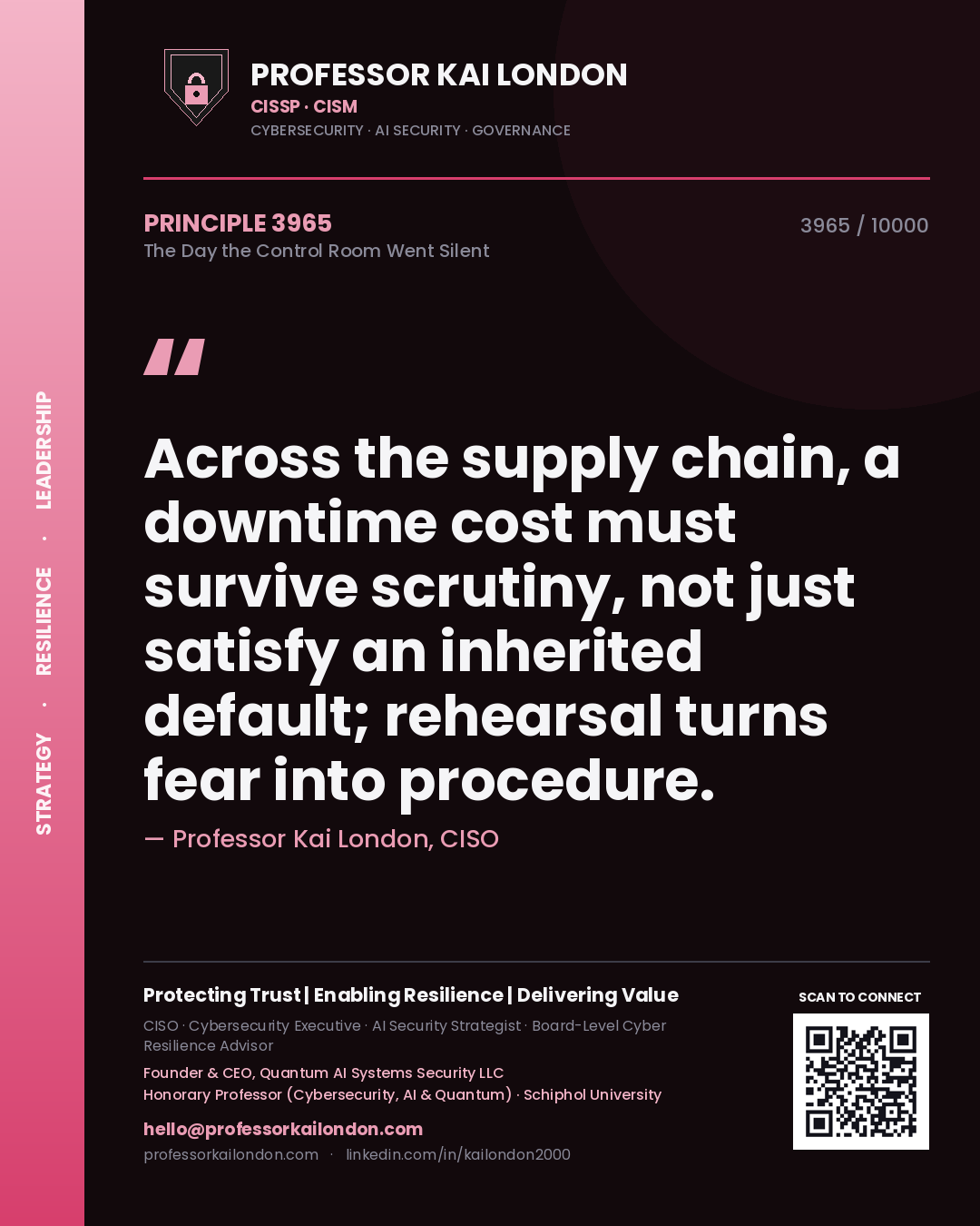 Quote card by Professor Kai London reading 'Across the supply chain, a downtime cost must survive scrutiny, not just satisfy an inherited default; rehearsal turns fear into procedure.'. From the book The Day the Control Room Went Silent.