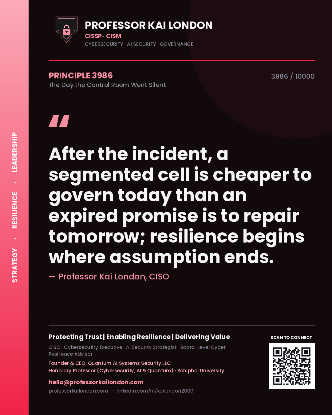Quote card by Professor Kai London reading 'After the incident, a segmented cell is cheaper to govern today than an expired promise is to repair tomorrow; resilience begins where assumption ends.'. From the book The Day the Control Room Went Silent.