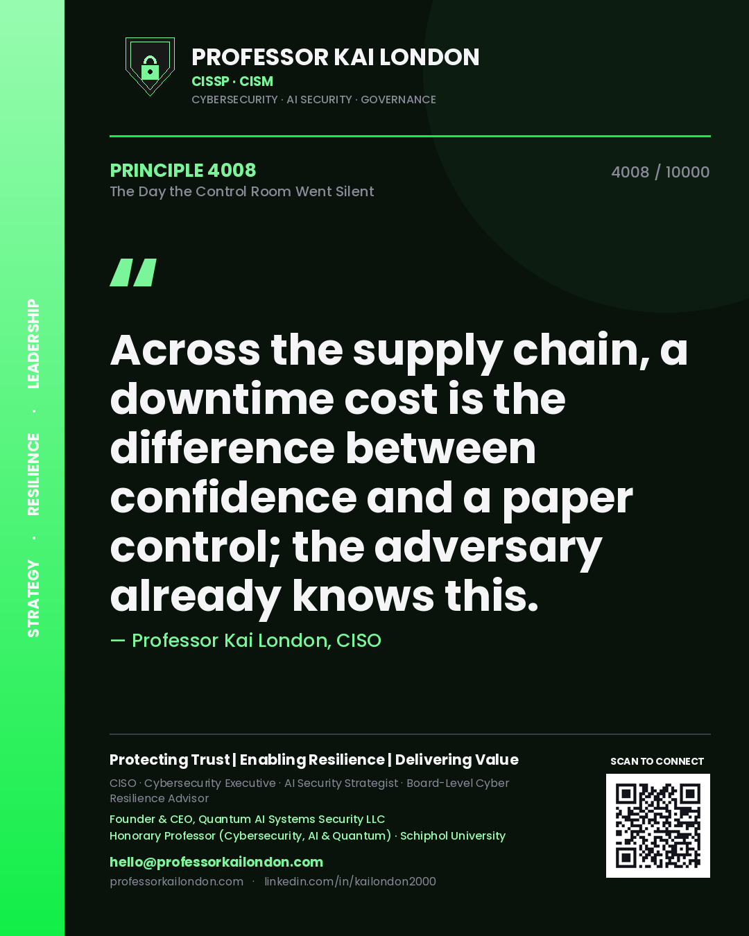 Professor Kai London principle 4008: Across the supply chain, a downtime cost is the difference between confidence and a paper control; the adversary already knows this.