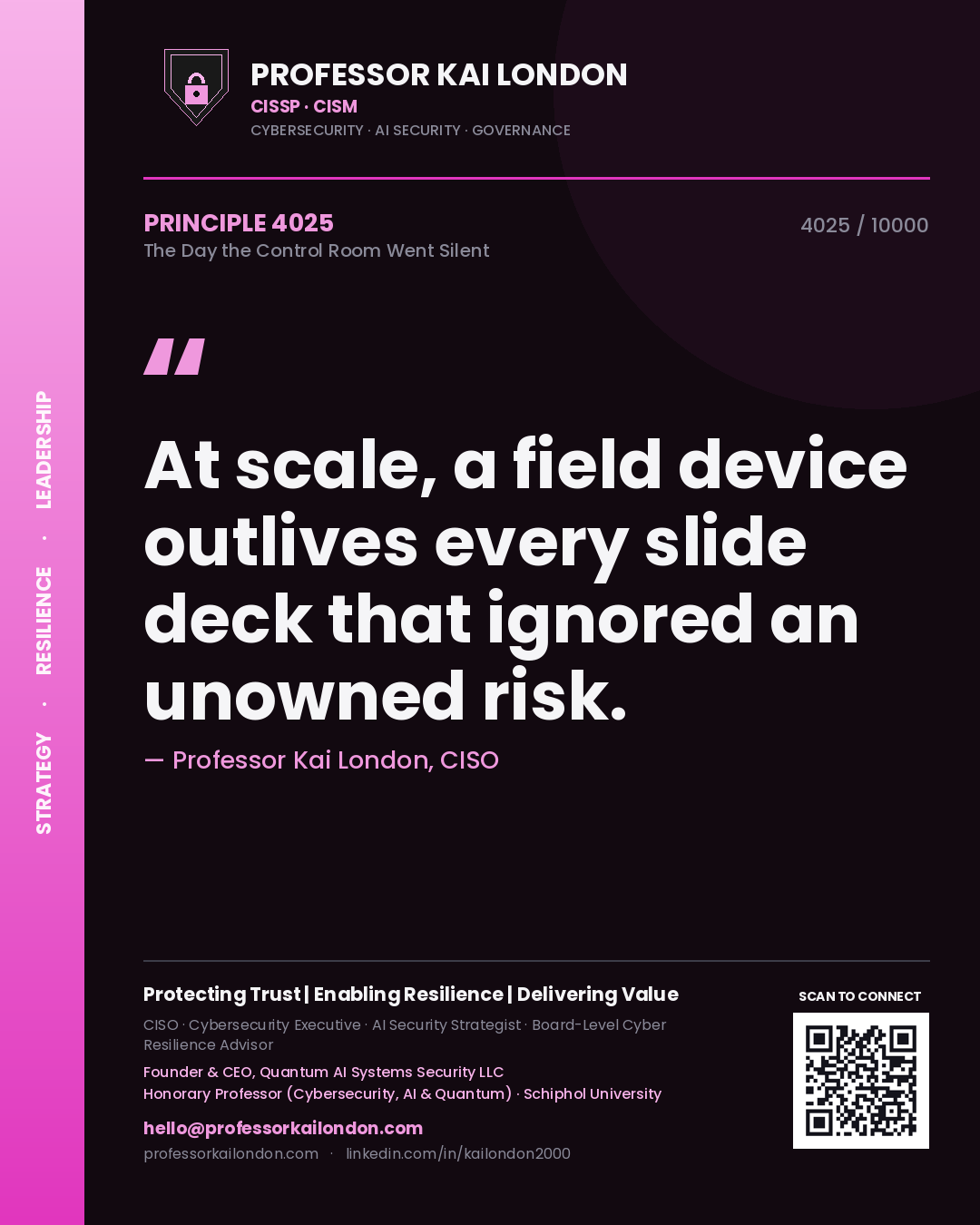 Quote card by Professor Kai London reading 'At scale, a field device outlives every slide deck that ignored an unowned risk.'. From the book The Day the Control Room Went Silent.