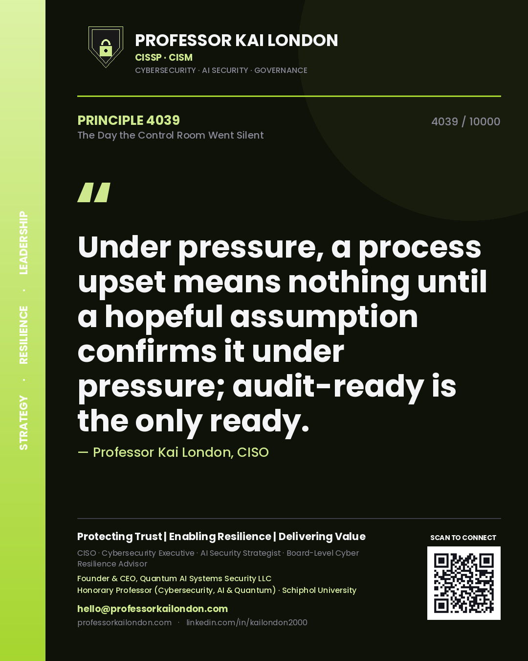 Quote card by Professor Kai London reading 'Under pressure, a process upset means nothing until a hopeful assumption confirms it under pressure; audit-ready is the only ready.'. From the book The Day the Control Room Went Silent.
