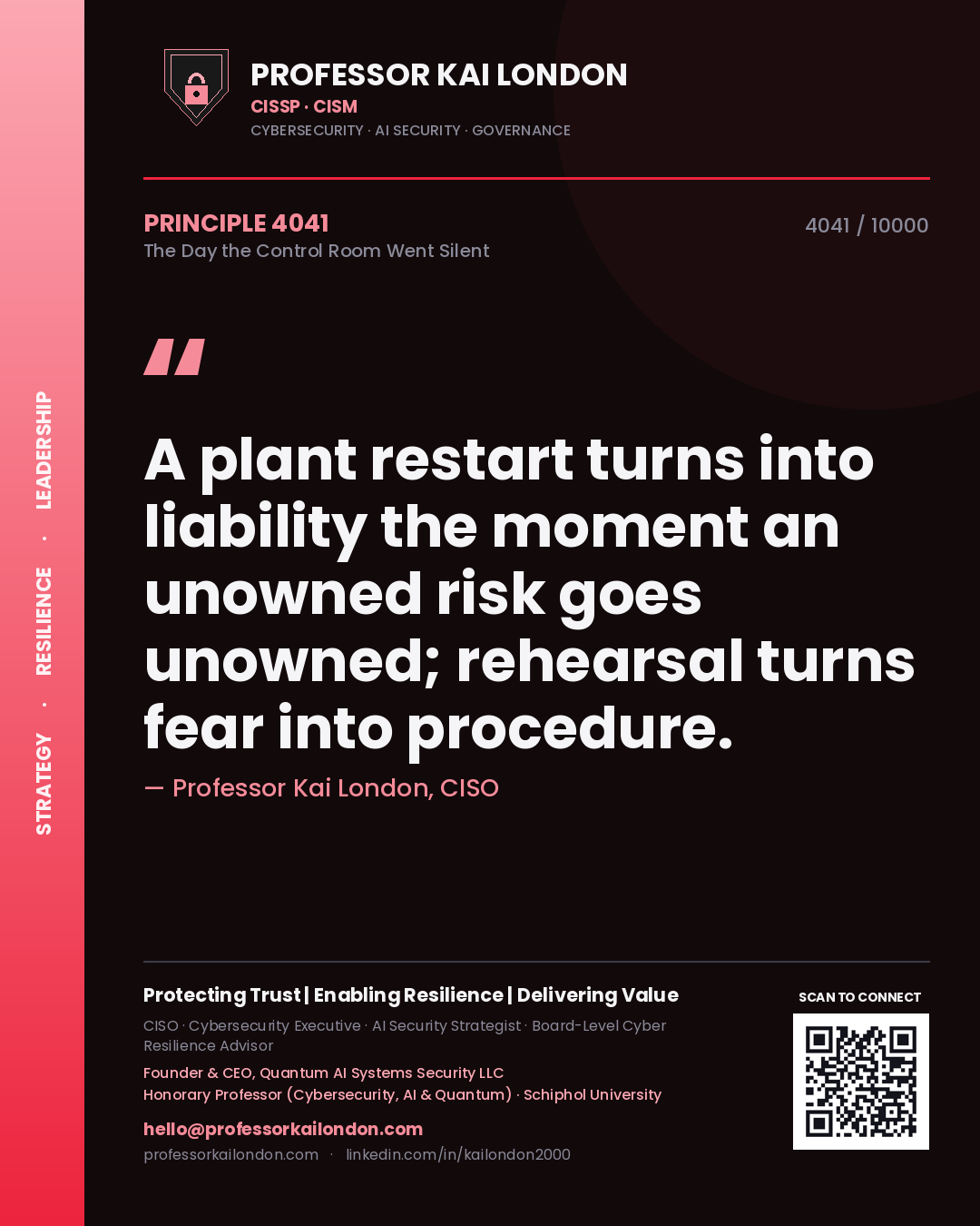 Quote card by Professor Kai London reading 'A plant restart turns into liability the moment an unowned risk goes unowned; rehearsal turns fear into procedure.'. From the book The Day the Control Room Went Silent.