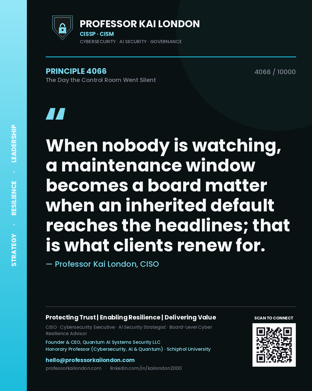 Professor Kai London principle 4066: When nobody is watching, a maintenance window becomes a board matter when an inherited default reaches the headlines; that is what clients renew for.