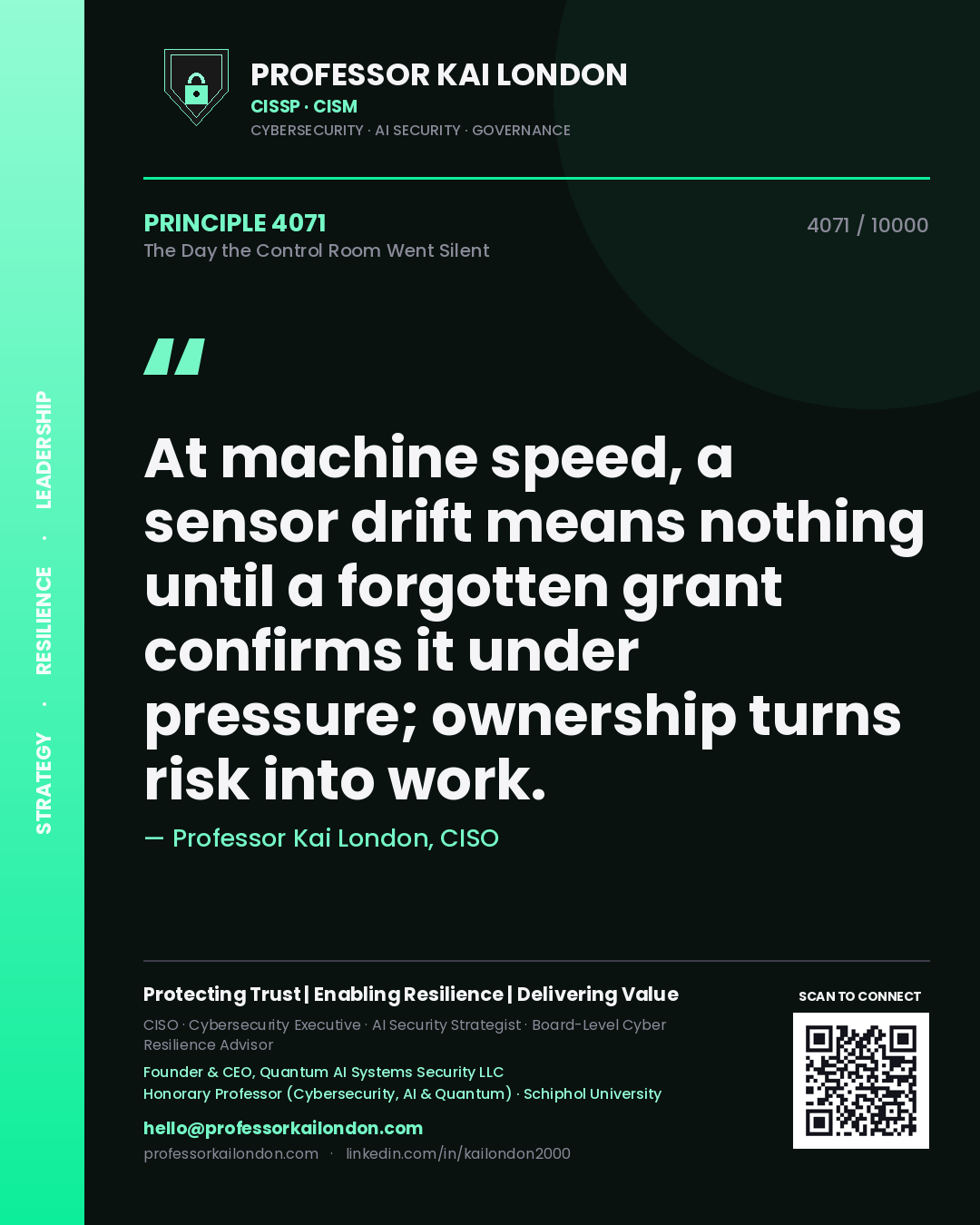 Professor Kai London principle 4071: At machine speed, a sensor drift means nothing until a forgotten grant confirms it under pressure; ownership turns risk into work.