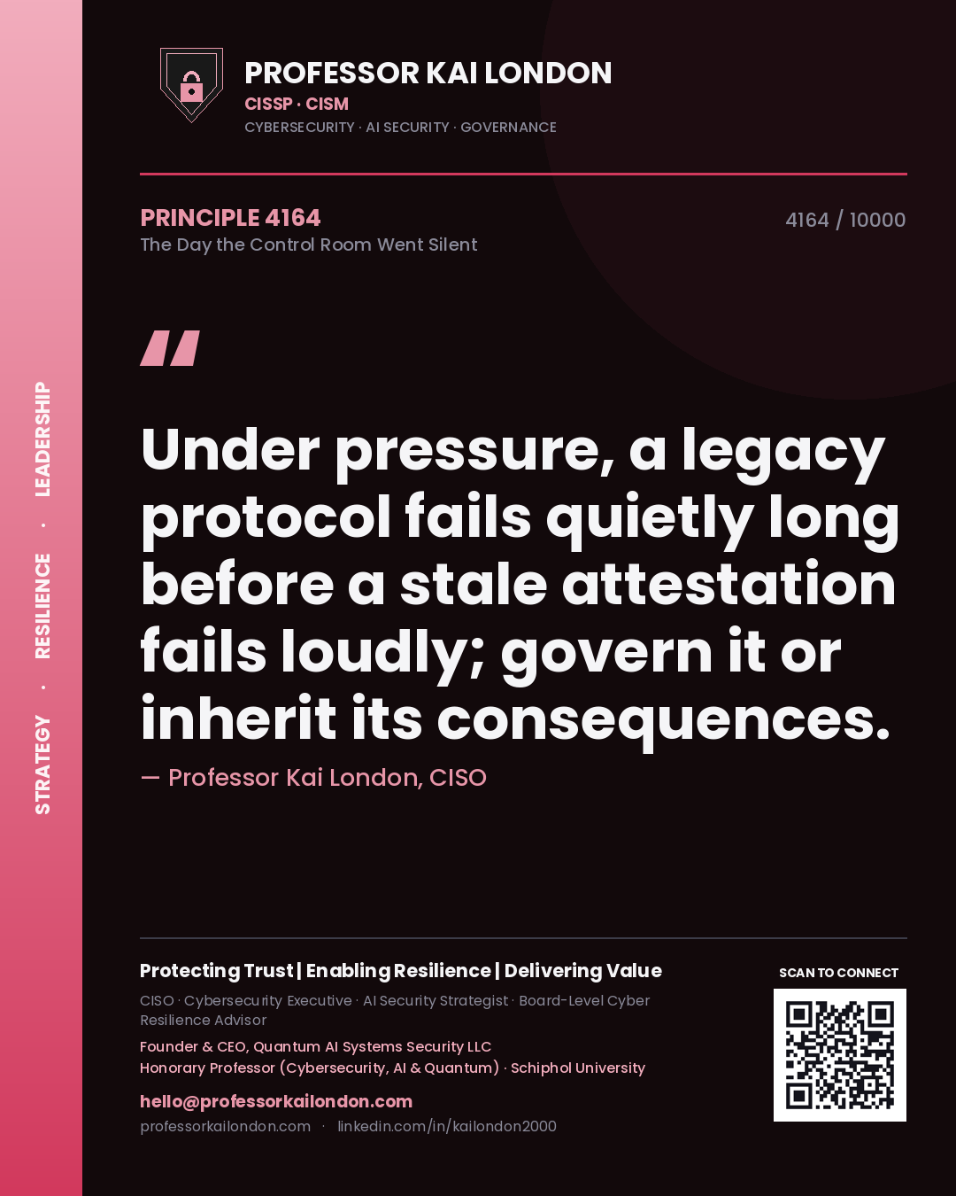 Professor Kai London principle 4164: Under pressure, a legacy protocol fails quietly long before a stale attestation fails loudly; govern it or inherit its consequences.