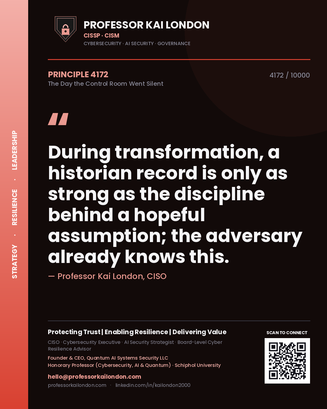 Quote card by Professor Kai London reading 'During transformation, a historian record is only as strong as the discipline behind a hopeful assumption; the adversary already knows this.'. From the book The Day the Control Room Went Silent.