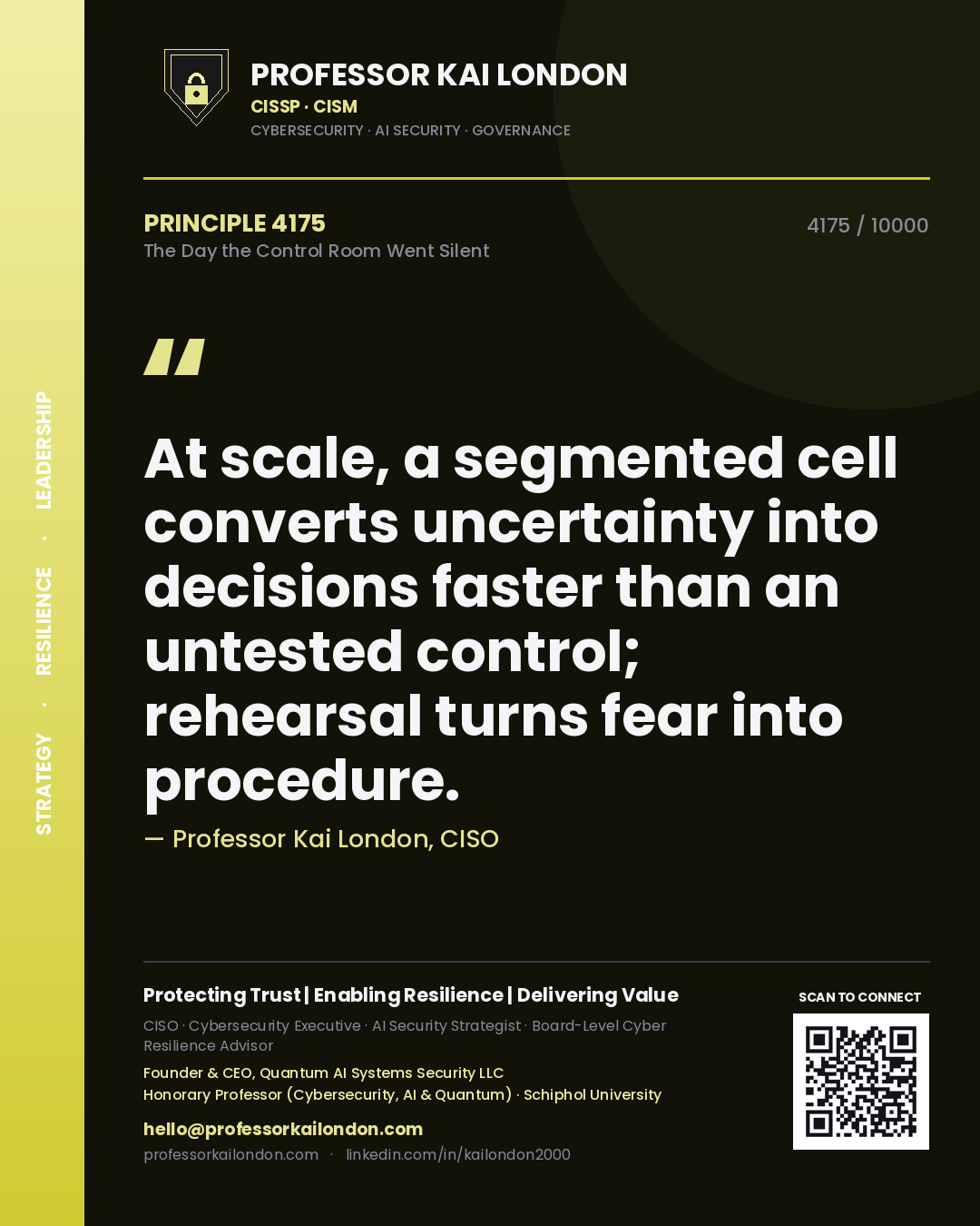 Professor Kai London principle 4175: At scale, a segmented cell converts uncertainty into decisions faster than an untested control; rehearsal turns fear into procedure.