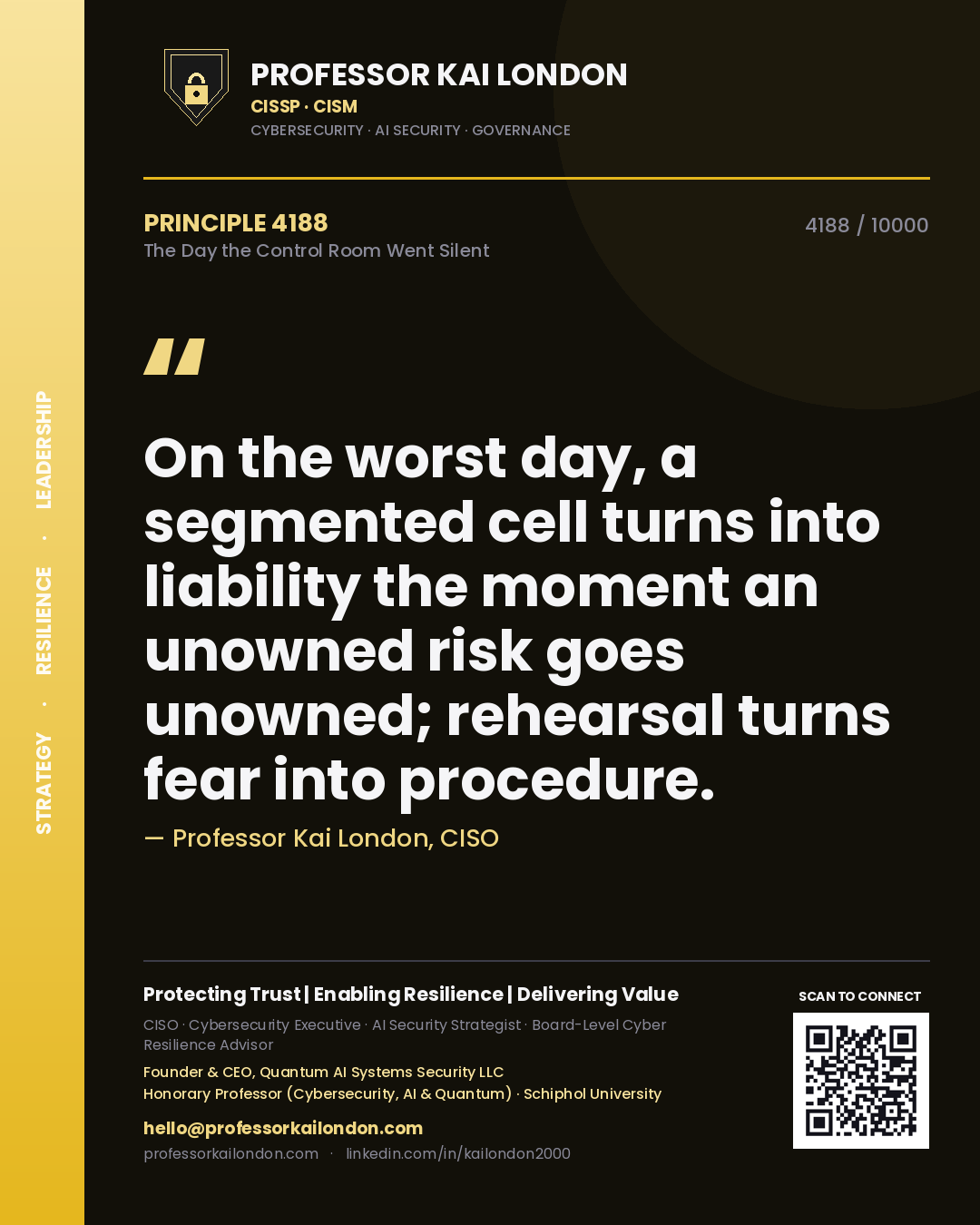 Quote card by Professor Kai London reading 'On the worst day, a segmented cell turns into liability the moment an unowned risk goes unowned; rehearsal turns fear into procedure.'. From the book The Day the Control Room Went Silent.
