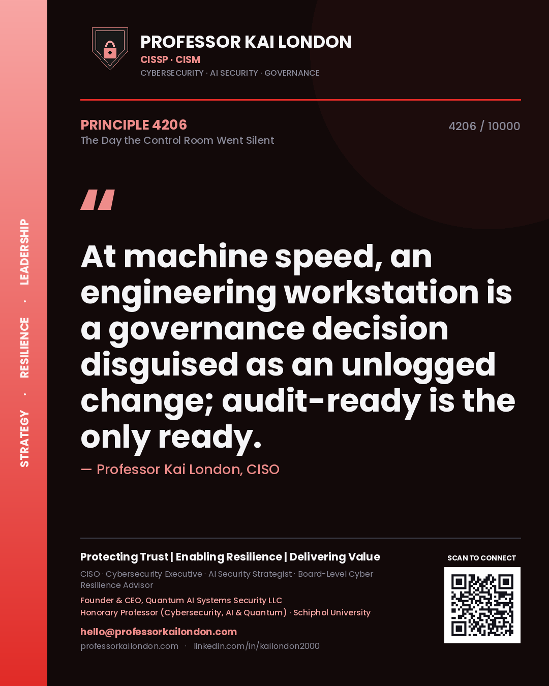Professor Kai London principle 4206: At machine speed, an engineering workstation is a governance decision disguised as an unlogged change; audit-ready is the only ready.