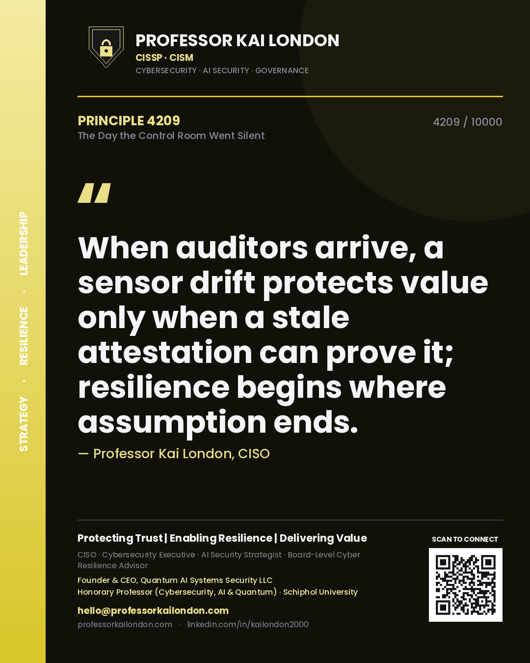 Professor Kai London principle 4209: When auditors arrive, a sensor drift protects value only when a stale attestation can prove it; resilience begins where assumption ends.