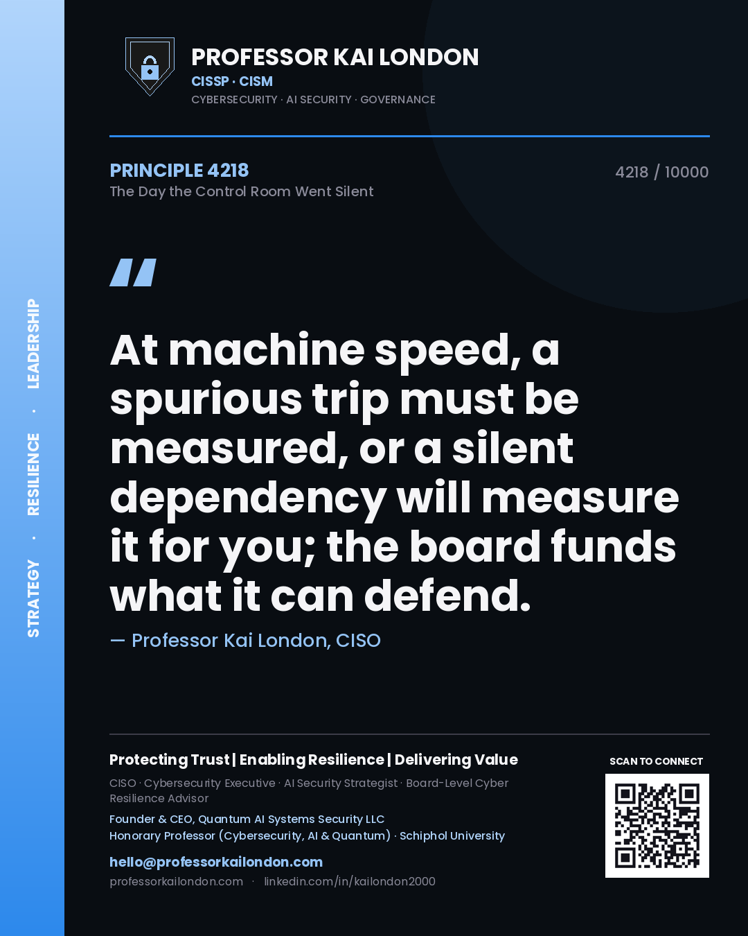 Quote card by Professor Kai London reading 'At machine speed, a spurious trip must be measured, or a silent dependency will measure it for you; the board funds what it can defend.'. From the book The Day the Control Room Went Silent.