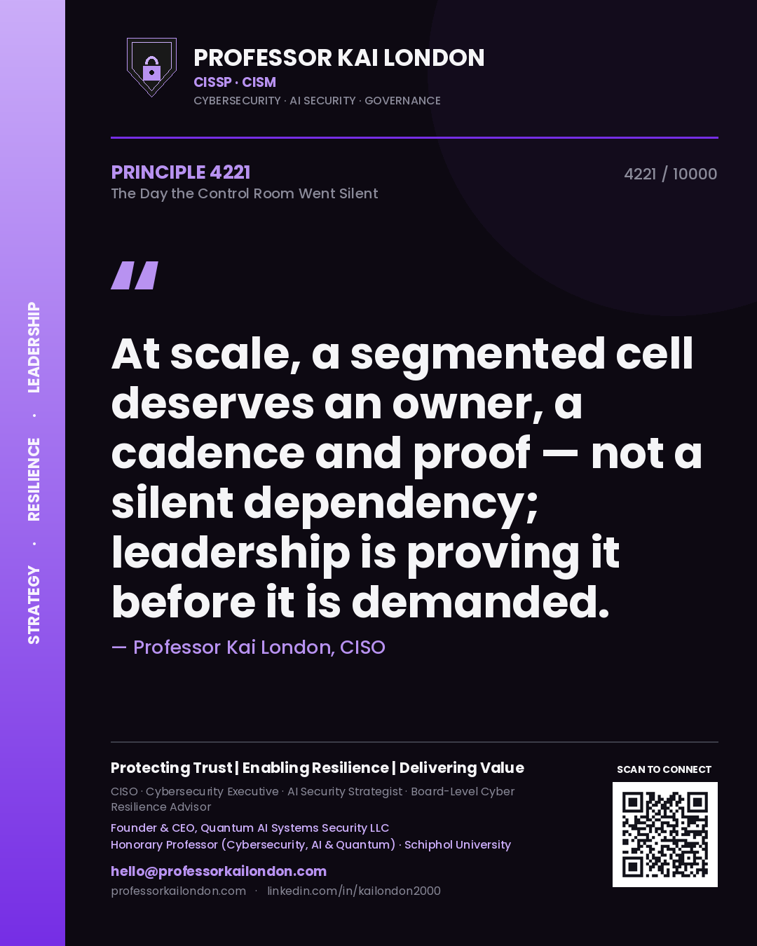 Professor Kai London principle 4221: At scale, a segmented cell deserves an owner, a cadence and proof — not a silent dependency; leadership is proving it before it is demanded.