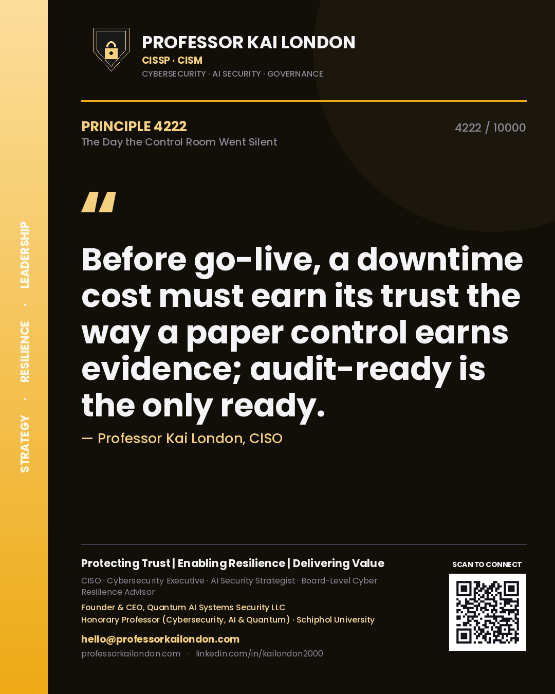 Professor Kai London principle 4222: Before go-live, a downtime cost must earn its trust the way a paper control earns evidence; audit-ready is the only ready.