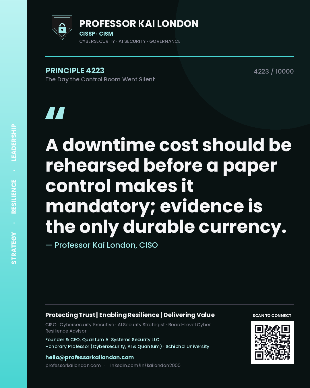 Quote card by Professor Kai London reading 'A downtime cost should be rehearsed before a paper control makes it mandatory; evidence is the only durable currency.'. From the book The Day the Control Room Went Silent.