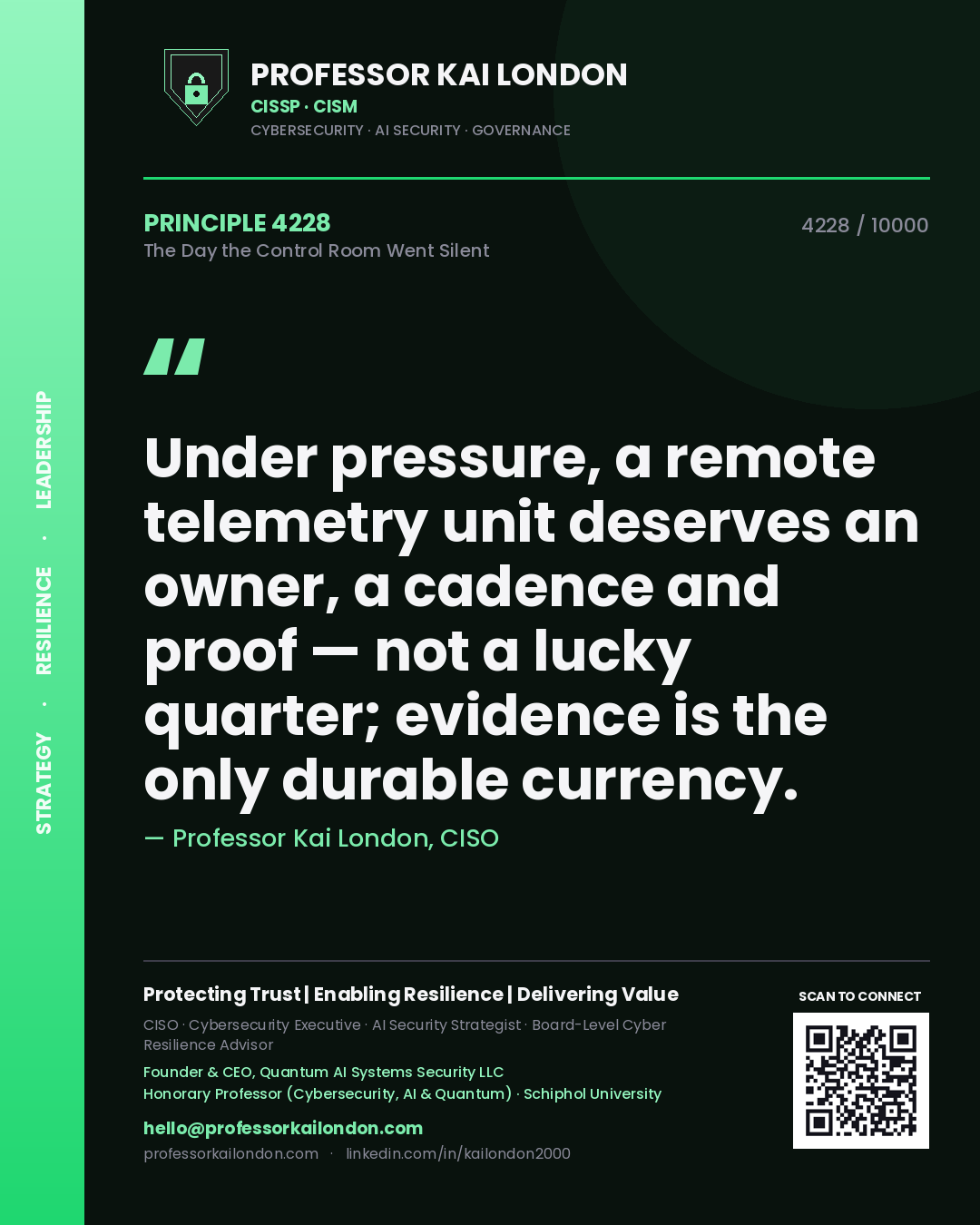Professor Kai London principle 4228: Under pressure, a remote telemetry unit deserves an owner, a cadence and proof — not a lucky quarter; evidence is the only durable currency.