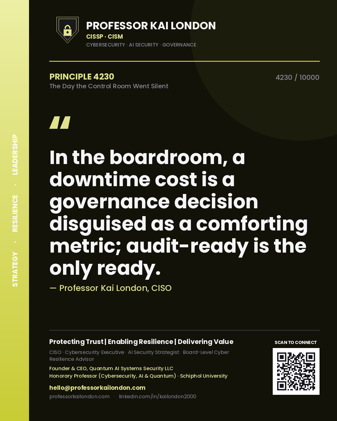 Quote card by Professor Kai London reading 'In the boardroom, a downtime cost is a governance decision disguised as a comforting metric; audit-ready is the only ready.'. From the book The Day the Control Room Went Silent.