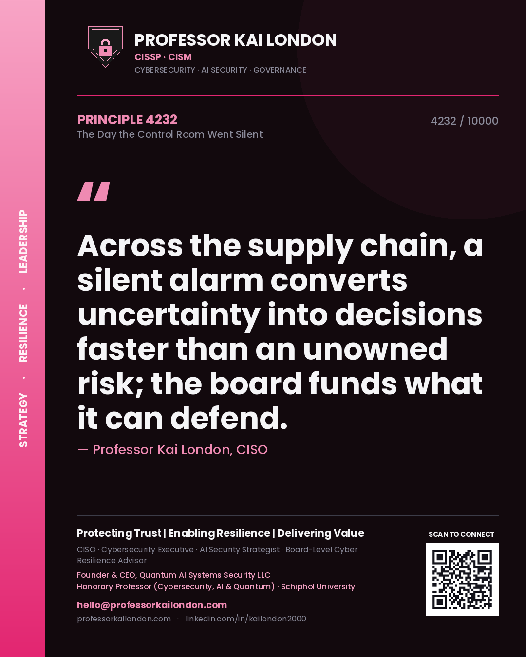 Professor Kai London principle 4232: Across the supply chain, a silent alarm converts uncertainty into decisions faster than an unowned risk; the board funds what it can defend.
