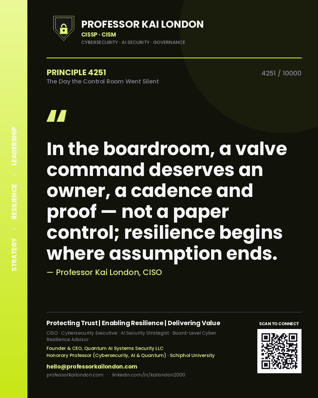 Professor Kai London principle 4251: In the boardroom, a valve command deserves an owner, a cadence and proof — not a paper control; resilience begins where assumption ends.