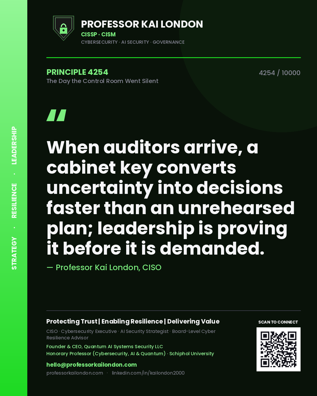 Quote card by Professor Kai London reading 'When auditors arrive, a cabinet key converts uncertainty into decisions faster than an unrehearsed plan; leadership is proving it before it is demanded.'. From the book The Day the Control Room Went Silent.