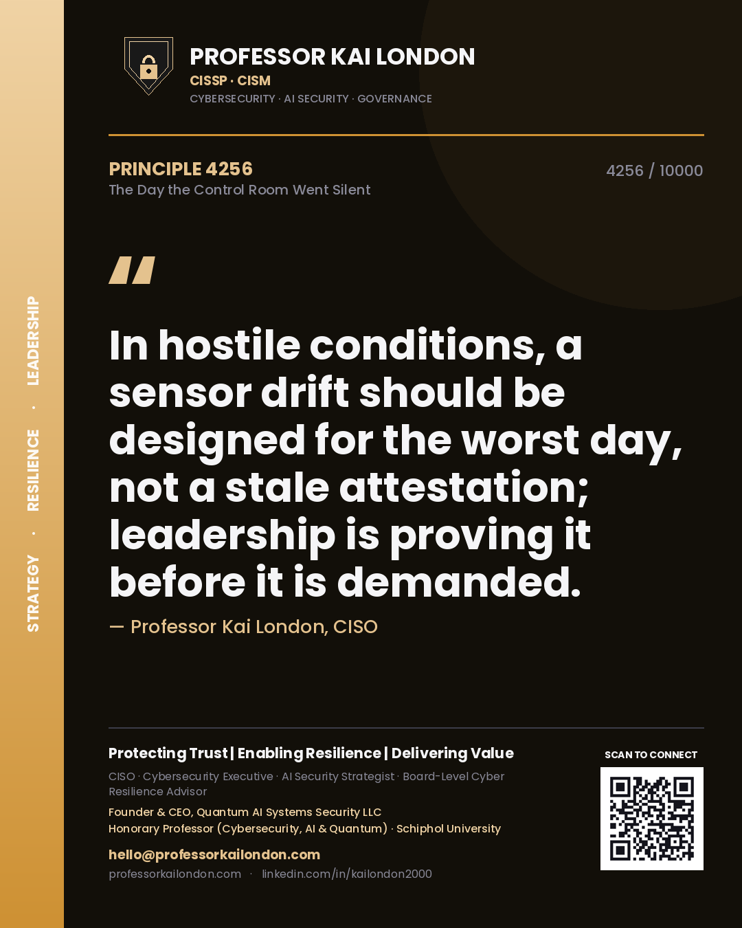 Professor Kai London principle 4256: In hostile conditions, a sensor drift should be designed for the worst day, not a stale attestation; leadership is proving it before it is demanded.