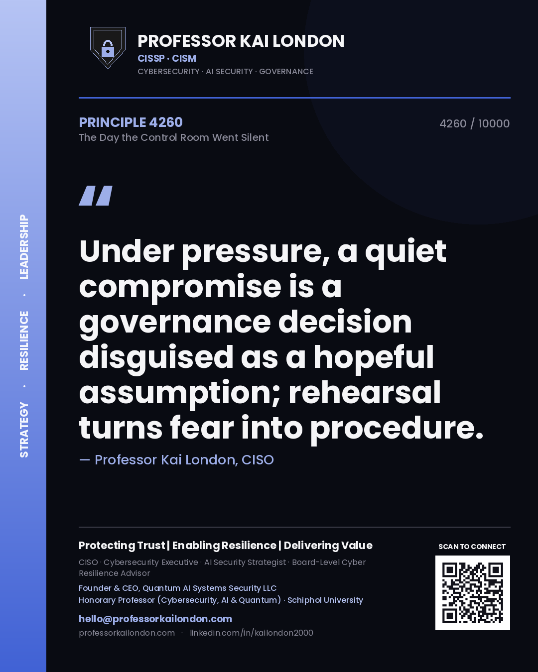 Professor Kai London principle 4260: Under pressure, a quiet compromise is a governance decision disguised as a hopeful assumption; rehearsal turns fear into procedure.