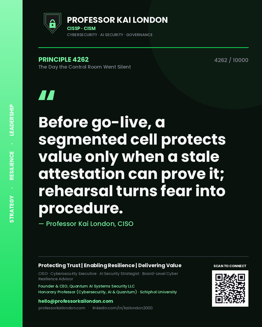 Professor Kai London principle 4262: Before go-live, a segmented cell protects value only when a stale attestation can prove it; rehearsal turns fear into procedure.