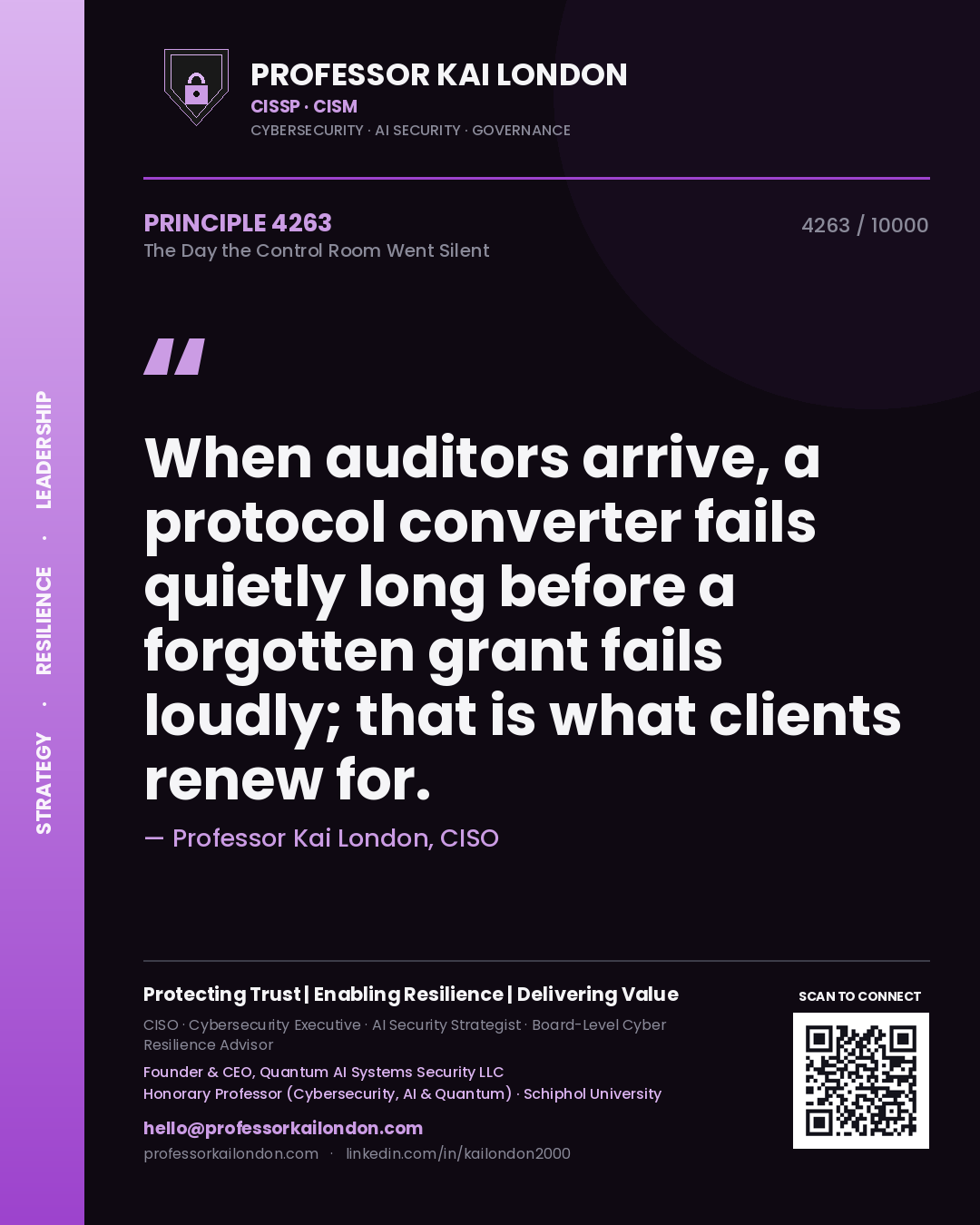 Professor Kai London principle 4263: When auditors arrive, a protocol converter fails quietly long before a forgotten grant fails loudly; that is what clients renew for.
