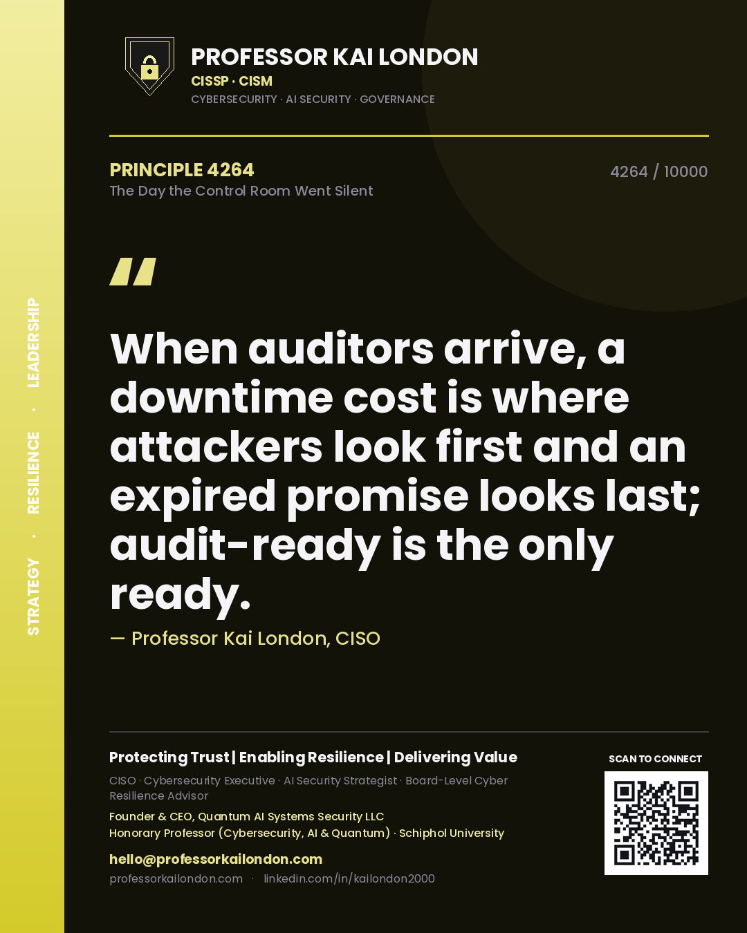 Professor Kai London principle 4264: When auditors arrive, a downtime cost is where attackers look first and an expired promise looks last; audit-ready is the only ready.