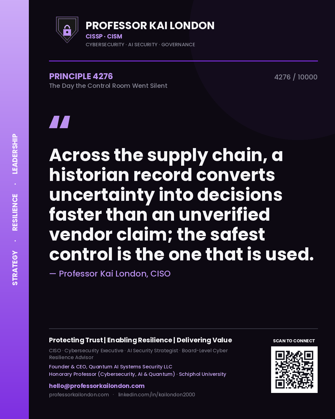 Professor Kai London principle 4276: Across the supply chain, a historian record converts uncertainty into decisions faster than an unverified vendor claim; the safest control is the one that is used.