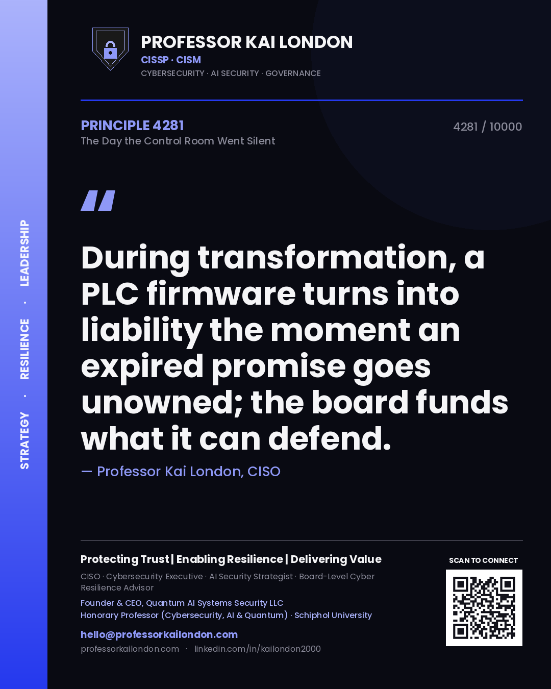 Professor Kai London principle 4281: During transformation, a PLC firmware turns into liability the moment an expired promise goes unowned; the board funds what it can defend.