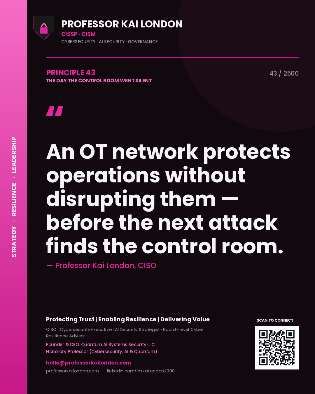 Quote card by Professor Kai London reading 'An OT network protects operations without disrupting them — before the next attack finds the control room.'. From the book The Day the Control Room Went Silent.