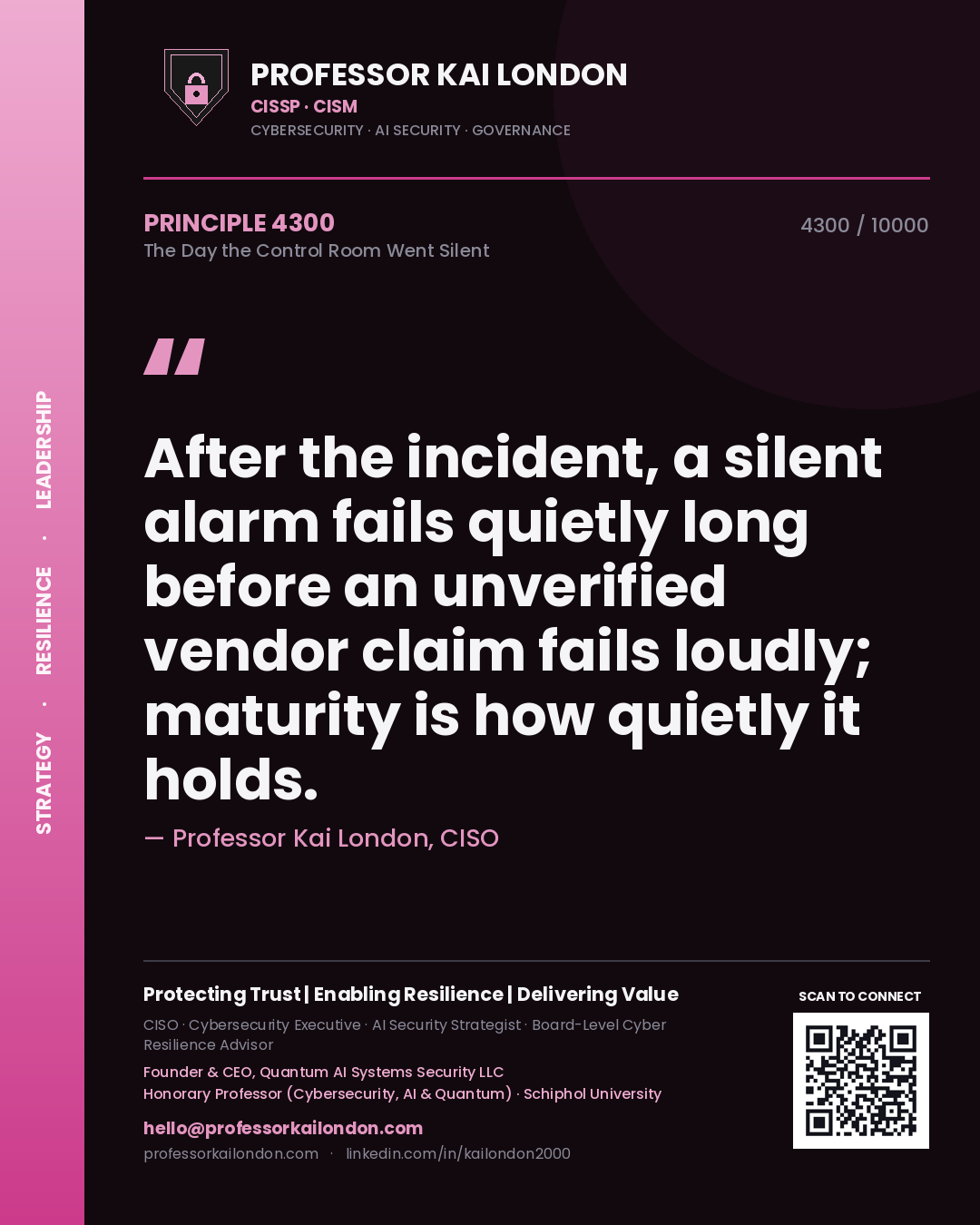 Professor Kai London principle 4300: After the incident, a silent alarm fails quietly long before an unverified vendor claim fails loudly; maturity is how quietly it holds.