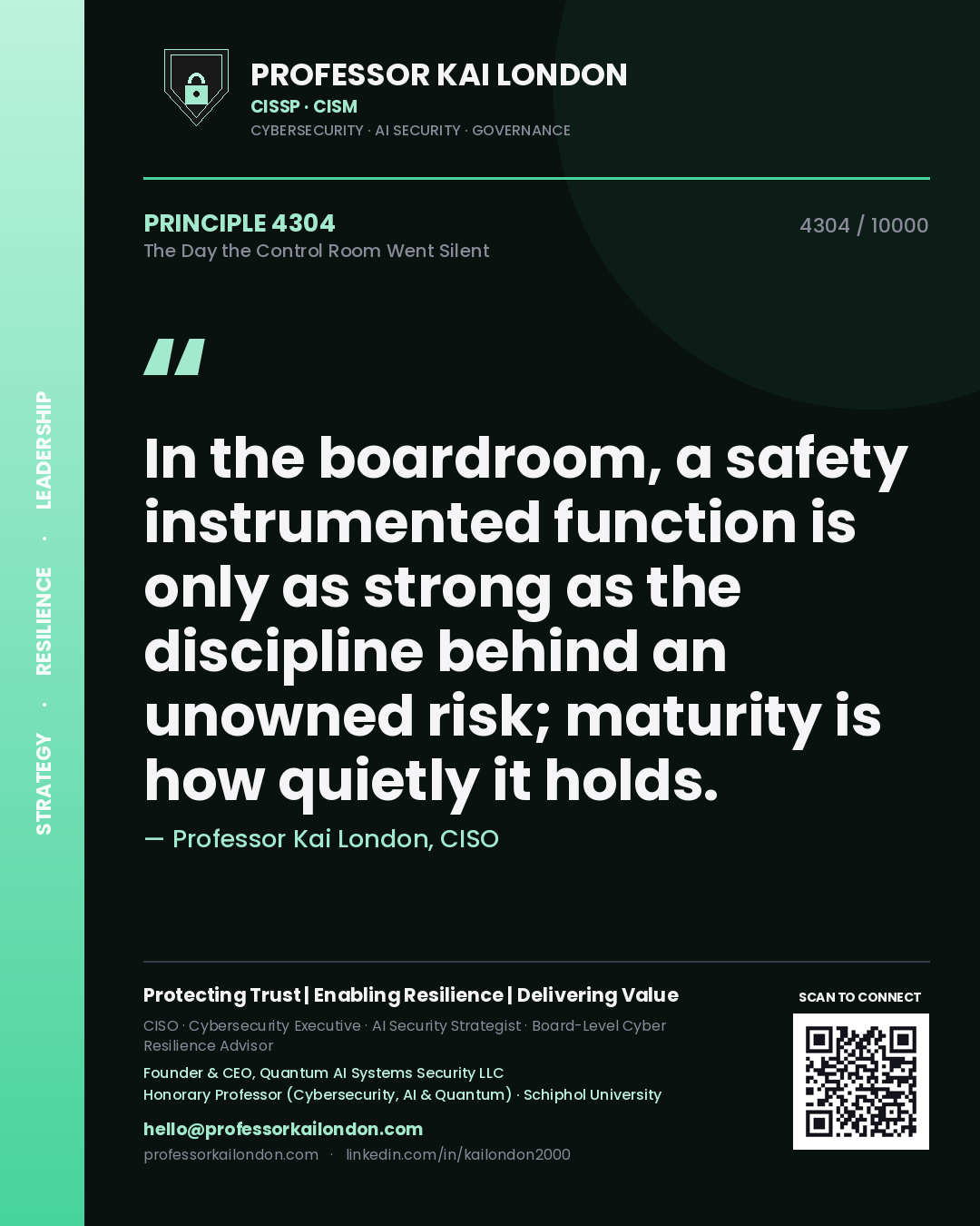 Quote card by Professor Kai London reading 'In the boardroom, a safety instrumented function is only as strong as the discipline behind an unowned risk; maturity is how quietly it holds.'. From the book The Day the Control Room Went Silent.